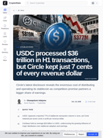USDC processed $36 trillion in H1 transactions, but Circle kept just 7 cents of every revenue dollar