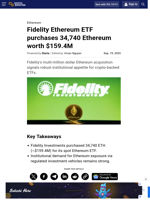 Fidelity Ethereum ETF purchases 34,740 Ethereum worth $159.4M