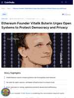 Ethereum Founder Vitalik Buterin Urges Open Systems to Protect Democracy and Privacy
