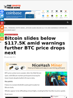 Bitcoin slides below $117.5K amid warnings further BTC price drops next - The Crypto News Wire