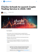 Charles Schwab to Launch Crypto Trading Service in 2026