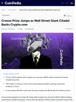 Cronos Price Jumps as Wall Street Giant Citadel Backs Crypto.com