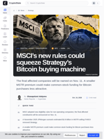 MSCI’s new rules could squeeze Strategy’s Bitcoin buying machine
