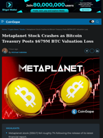 Metaplanet Stock Crashes as Bitcoin Treasury Posts $679M BTC Valuation Loss