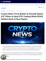 Crypto News Turns Bullish as Schwab Opens $12 Trillion to Spot ETH Trading While DOGE Holders Rush to Buy Pepeto