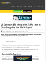 US Dominates BTC Mining With 75.4% Share as Clean Energy Use Hits 52.4%: Report