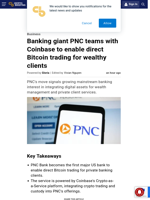 Banking giant PNC teams with Coinbase to enable direct Bitcoin trading for wealthy clients