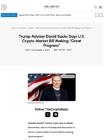 Trump Adviser David Sacks Says U.S. Crypto Market Bill Making “Great Progress”