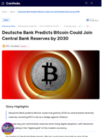 Deutsche Bank Predicts Bitcoin Could Join Central Bank Reserves by 2030