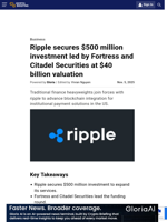 Ripple secures $500 million investment led by Fortress and Citadel Securities at $40 billion valuation