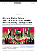 Bitcoin Slides Below $107,000 as Crypto Market Hits Four-Day Losing Streak - 