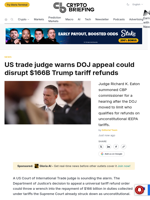 US trade judge warns DOJ appeal could disrupt $166B Trump tariff refunds