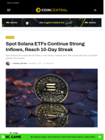 Spot Solana ETFs Continue Strong Inflows, Reach 10-Day Streak - CoinCentral