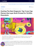 Hunting The Next Dogecoin: Top 3 Low-Cap Memes Like Layer Brett Primed For 10,000x Moonshots