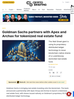 Goldman Sachs partners with Apex and Archax for tokenized real estate fund