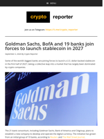 Goldman Sachs, BofA and 19 banks join forces to launch stablecoin in 2027