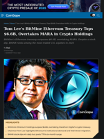 Tom Lee’s BitMine Ethereum Treasury Tops $6.6B