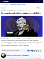 Strategy Buys 850 Bitcoin Worth $96 Million