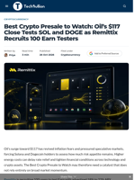 Best Crypto Presale to Watch: Oil's $117 Close Tests SOL and DOGE as Remittix Recruits 100 Earn Testers - TechBullion