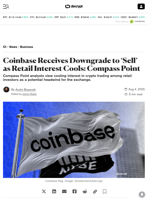 Coinbase Receives Downgrade to ‘Sell’ as Retail Interest Cools: Compass Point - Decrypt