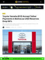 Toyota Yamaha BYD Accept Tether Payments in Bolivia as USD Reserves Drop 98% - CoinCentral
