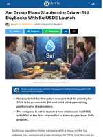 Sui Group Plans Stablecoin-Driven SUI Buybacks
