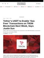 Tether's USDT to Enable 'Gas Free' Transactions on TRON Blockchain Next Week, Says Justin Sun - 