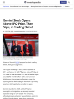 Gemini Stock Opens Above IPO Price, Then Slips, in Trading Debut