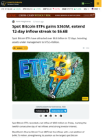 Spot Bitcoin ETFs Surge with $363M Inflows, Extend 12-Day Rally to $6.6B