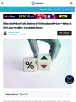 Bitcoin Price Falls Below STH Realized Price—Why A 10% Correction Could Be Next