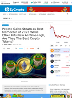 Pepeto Gains Steam as Best Memecoin of 2025 While Ether Hits New All-Time-High, Are They The Best Crypto Tokens?