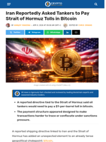 Iran Reportedly Asked Tankers to Pay Strait of Hormuz Tolls in Bitcoin