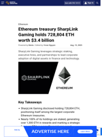 Ethereum treasury SharpLink Gaming holds 728,804 ETH worth $3.4 billion