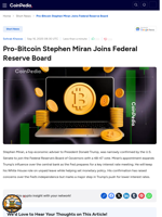 Pro-Bitcoin Stephen Miran Joins Federal Reserve Board