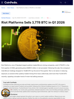 Riot Platforms Sells 3,778 BTC in Q1 2026