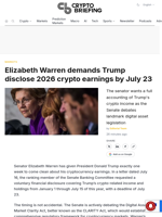Elizabeth Warren demands Trump disclose 2026 crypto earnings by July 23