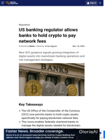 US banking regulator allows banks to hold crypto to pay network fees