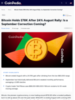 Bitcoin Holds $78K After 24% August Rally, September Correction?