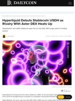 Hyperliquid Debuts Stablecoin USDH as Rivalry With Aster DEX Heats Up - DailyCoin