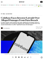 Coinbase Faces Investor Lawsuit Over Alleged Damages From Data Breach - Decrypt