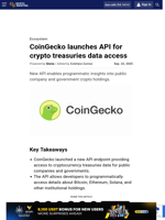 CoinGecko launches API for crypto treasuries data access