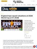 England tops squad valuations at 2026 World Cup at €1.454B