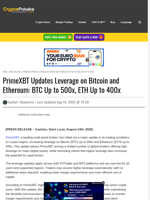 PrimeXBT Updates Leverage on Bitcoin and Ethereum: BTC Up to 500x, ETH Up to 400x