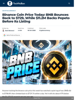Binance Coin Price Today: BNB Bounces Back to $729, While $11.2M Backs Pepeto Before Its Listing - TechBullion