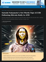 Satoshi Nakamoto’s Net Worth Tops $133B Following Bitcoin Rally to ATH