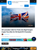 UK MP Calls For Crypto Probe Of Nigel Farage’s $2.7M BTC Buy
