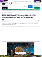 $392.5 Million ETH Long: Bitcoin OG Places Monster Bet on Ethereum - U.Today