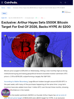 Exclusive: Arthur Hayes Sets $500K Bitcoin Target For End Of 2026, Backs HYPE At $200