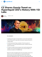 CZ Shares Gossip Tweet on Hyperliquid CEO's History With YZI Labs