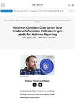 Hoskinson Considers Class Action Over Cardano Defamation, Criticizes Crypto Media for Malicious Reporting